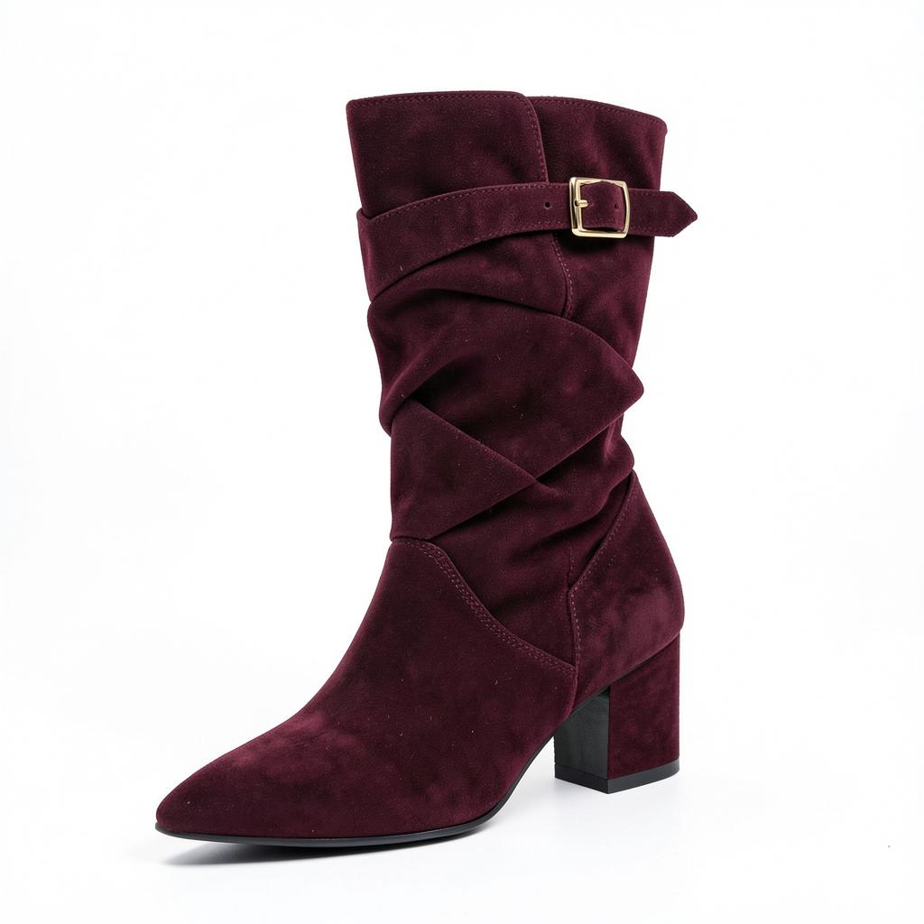 Burgundy suede knee-high boots with a fold-over cuff and gold-tone buckle