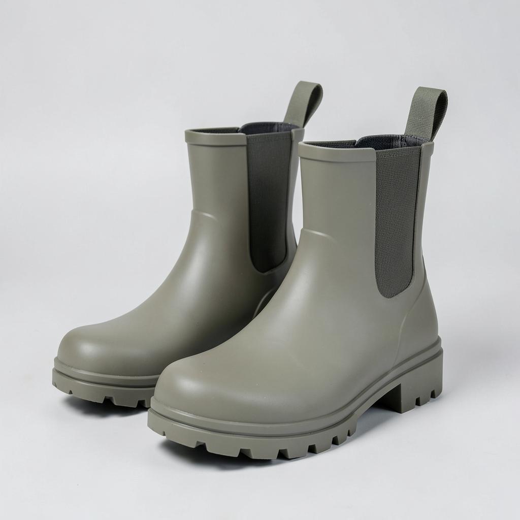 Khaki grey Chelsea rain boots with a gripped sole