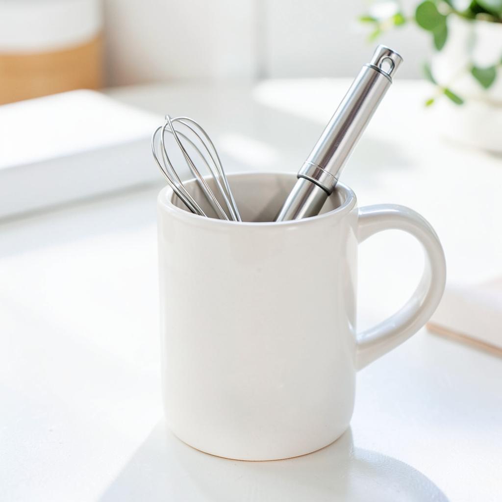 Self-stirring mug with a built-in whisk